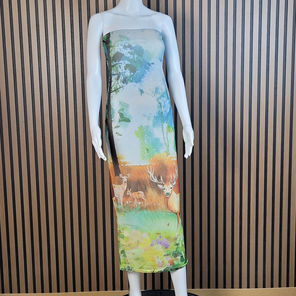 Label Rail Nature Scene Deer Print Strapless Midi Dress Slim Fit Size 10 NWT